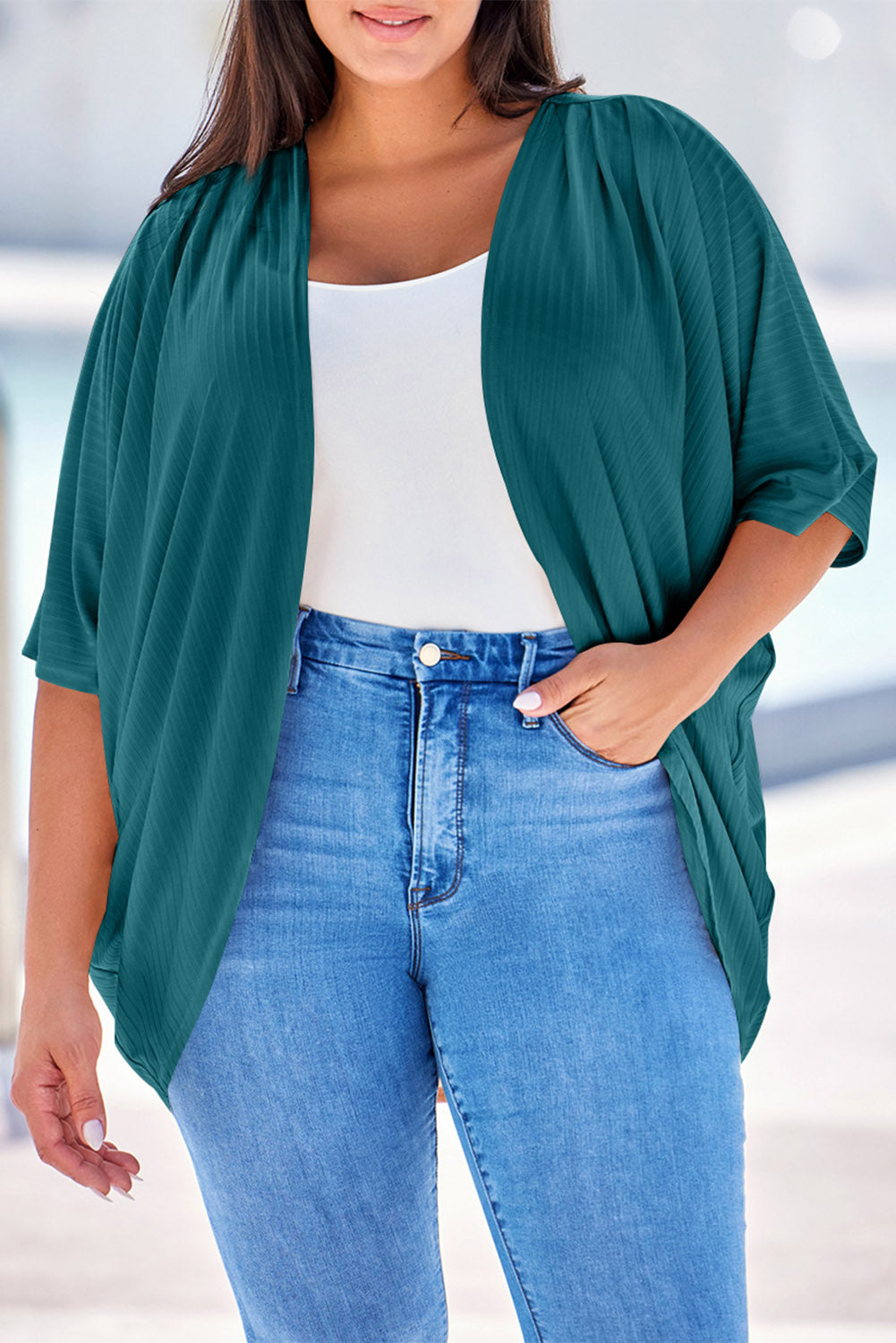 Plus Size Ribbed Cocoon Cover Up Dark Green