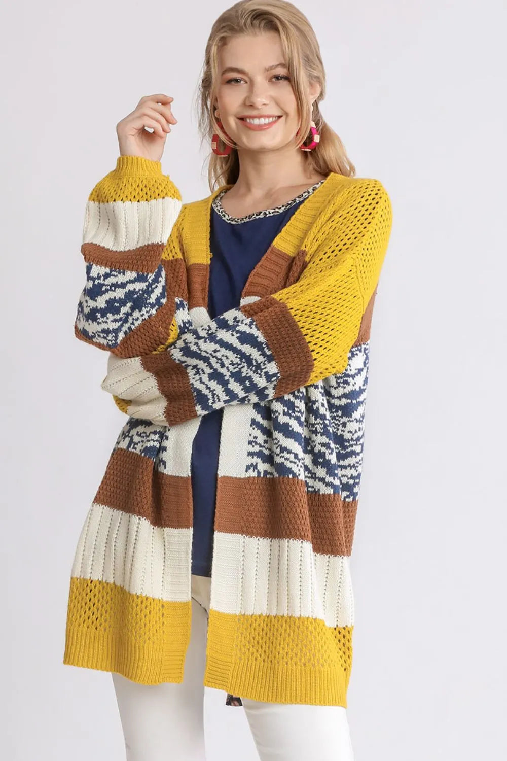 Umgee Full Size Color Block Open Front Longline Cardigan Plus Size GOLD BROWN