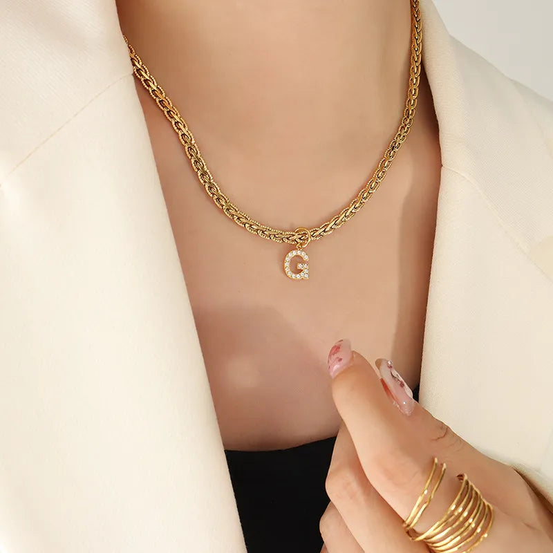 Brass Inlaid Zircon Letter Pendant Necklace Style G One Size