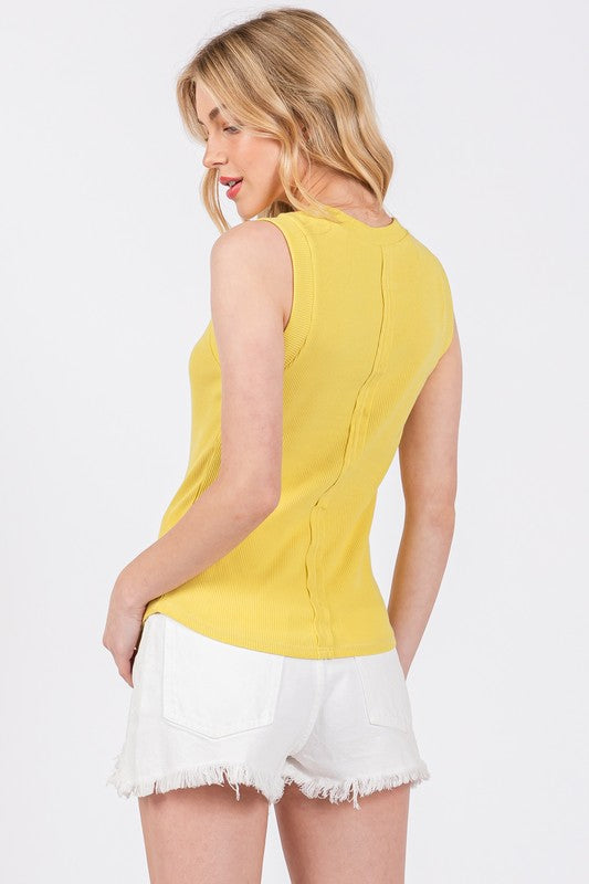Ces Femme Stitch Detail Half Button Ribbed Tank