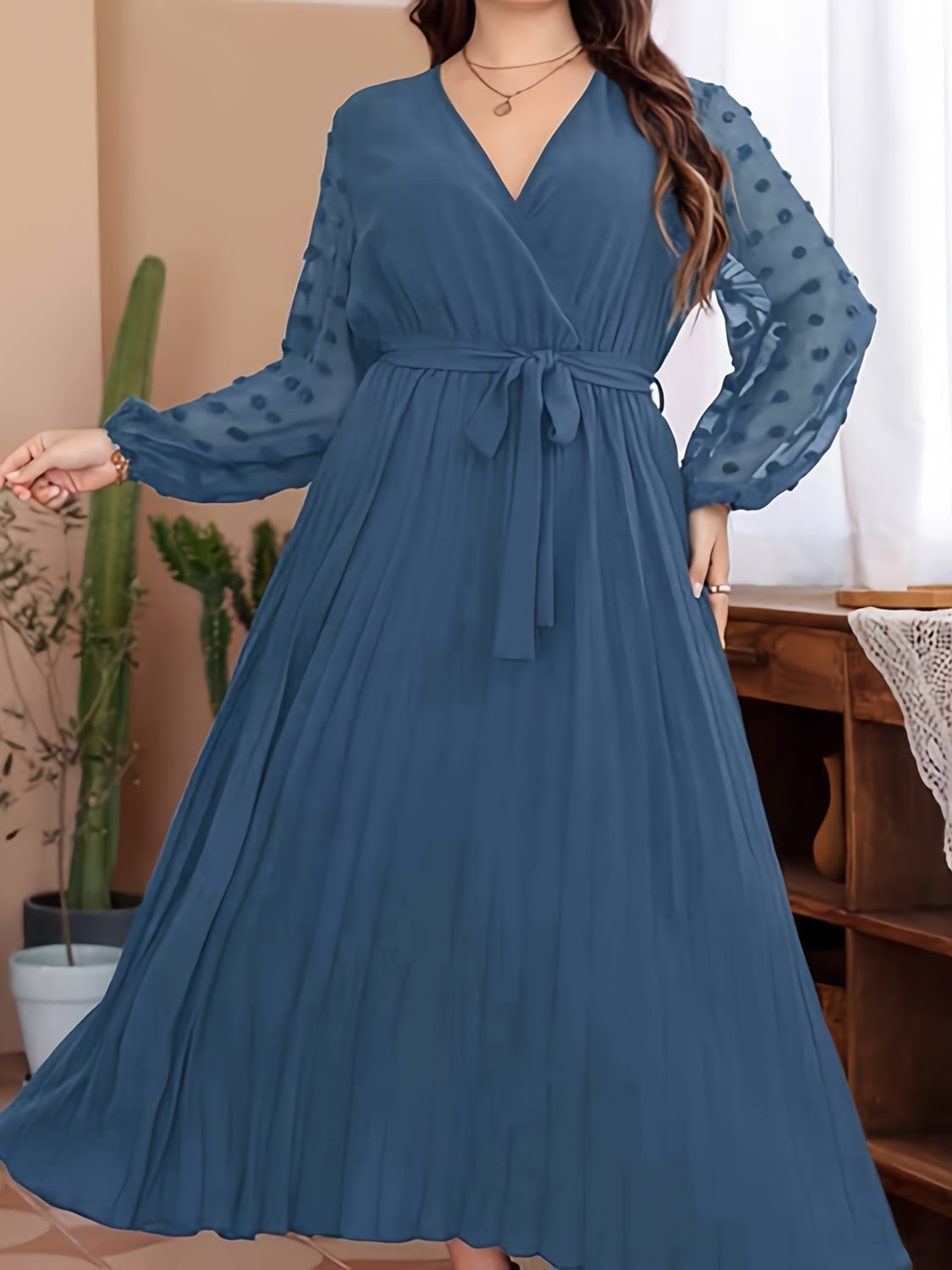 Plus Size Swiss Dot Tie Waist Maxi Dress Dark Blue