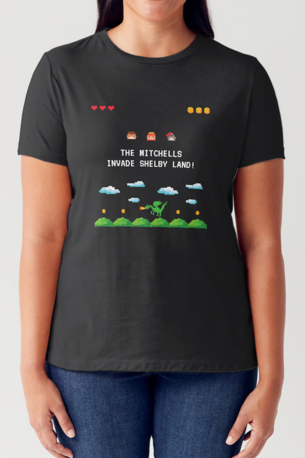Simply Love Full Size Pixel Game Graphic Round Neck Short Sleeve T-Shirt Black