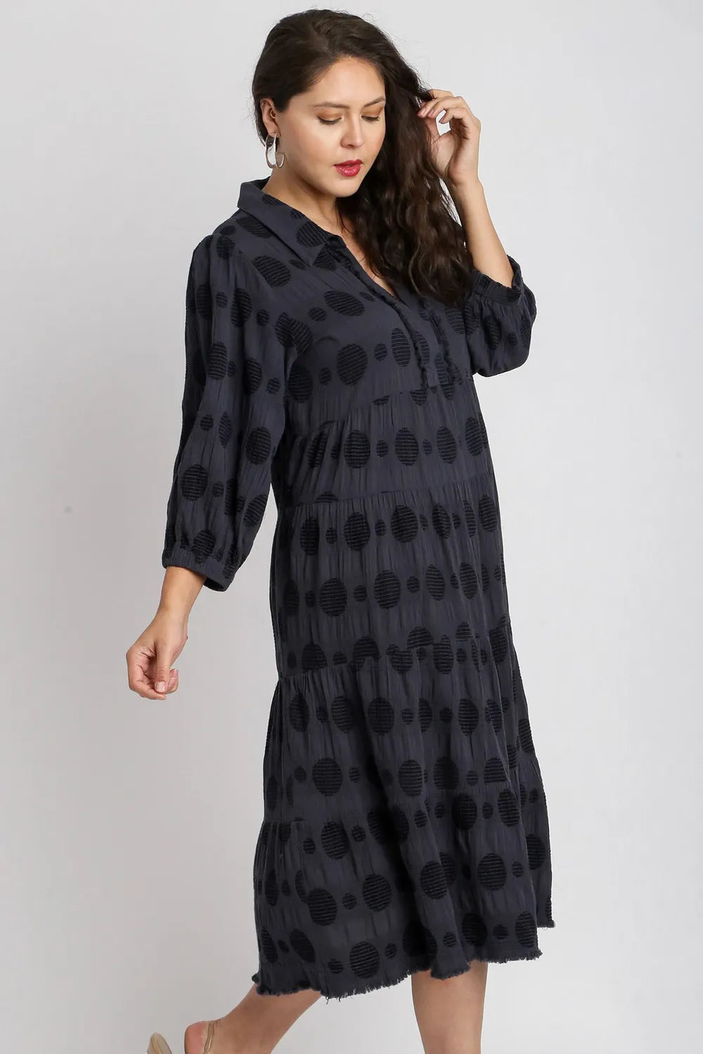 Umgee Full Size Solid Dotted Jacquard Midi Dress Plus Size