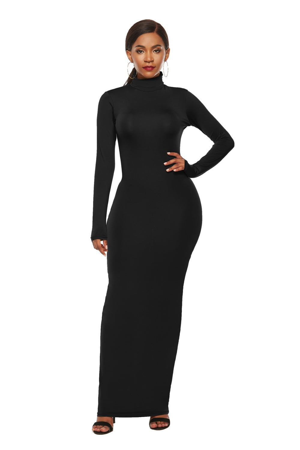 Mock Neck Long Sleeve Maxi Slim Dress Black