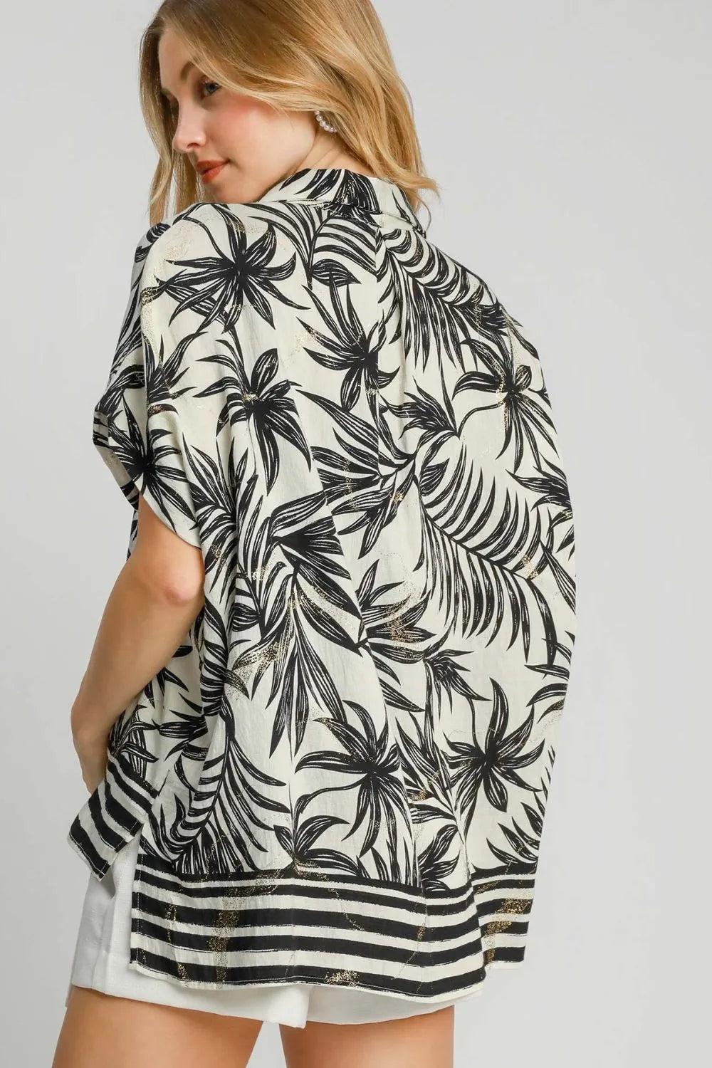 Umgee Full Size Tropical Print Button Down Shirt Plus Size