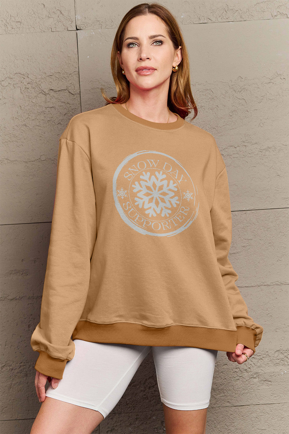 Simply Love Full Size SNOW DAY SUPPORTER Round Neck Sweatshirt Camel