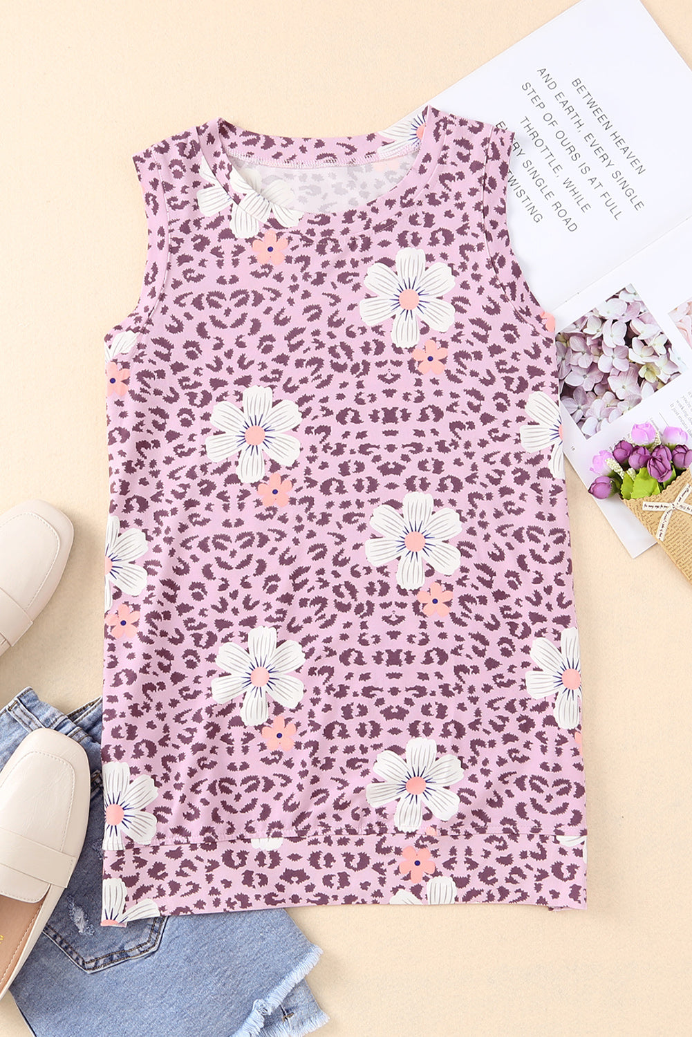 Printed Side Slit Round Neck Tank Pink Lavender