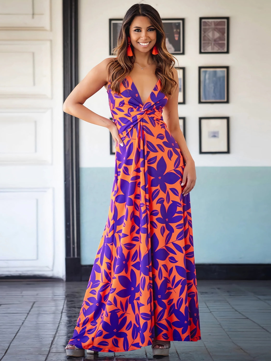 Twisted Printed V-Neck Cami Dress Orange-Red
