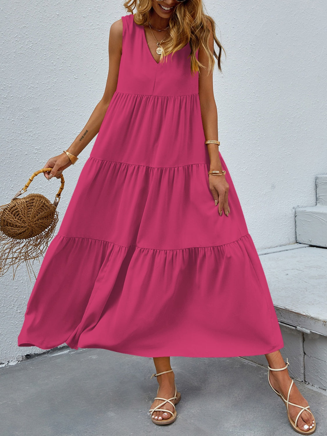 FAM-FAM Tiered V-Neck Sleeveless Dress Hot Pink