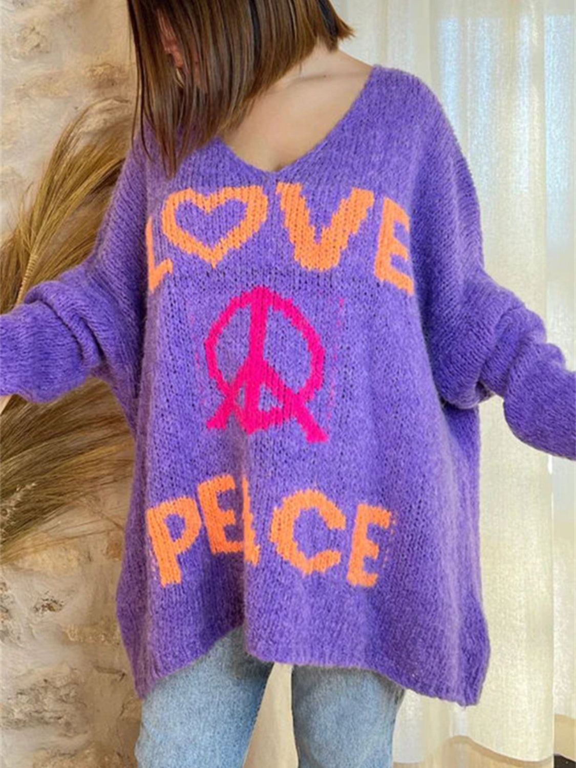 Peace Graphic V-Neck Long Sleeve Sweater Purple