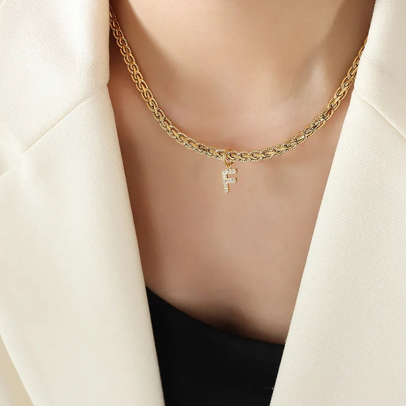 Brass Inlaid Zircon Letter Pendant Necklace Style F One Size