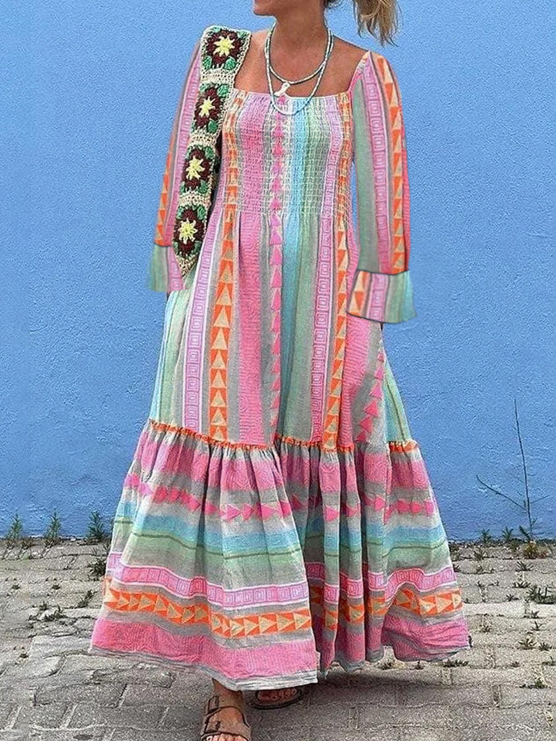 Ruffled Striped Long Sleeve Dress Blush Pink