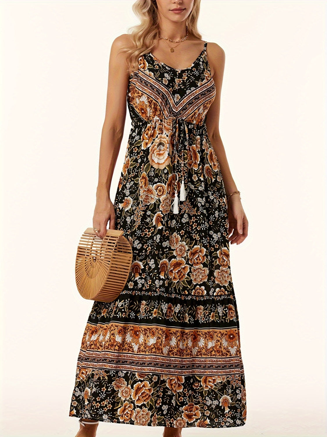 Printed Scoop Neck Midi Cami Dress Black