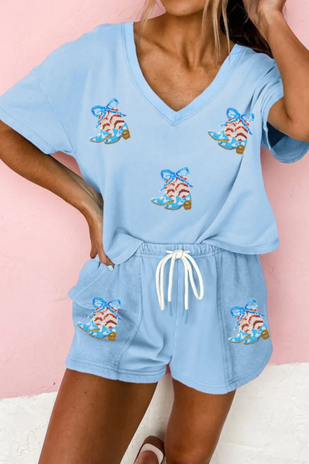V-Neck T-Shirt and Drawstring Shorts Set Light Blue