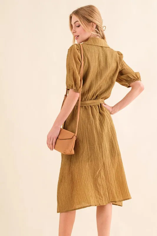 And The Why Waffle Textured Ribbon Waist Midi Dress