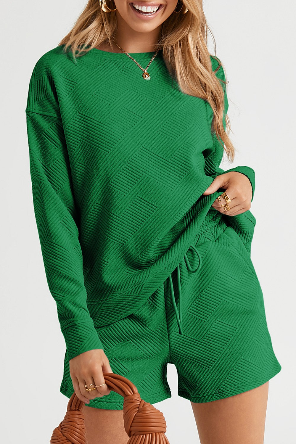 Round Neck Dropped Shoulder Top and Shorts Set Dark Green