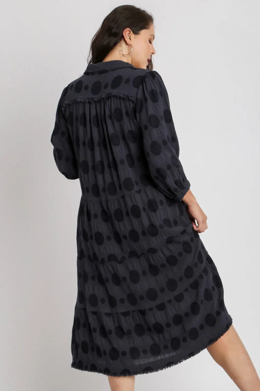 Umgee Full Size Solid Dotted Jacquard Midi Dress Plus Size