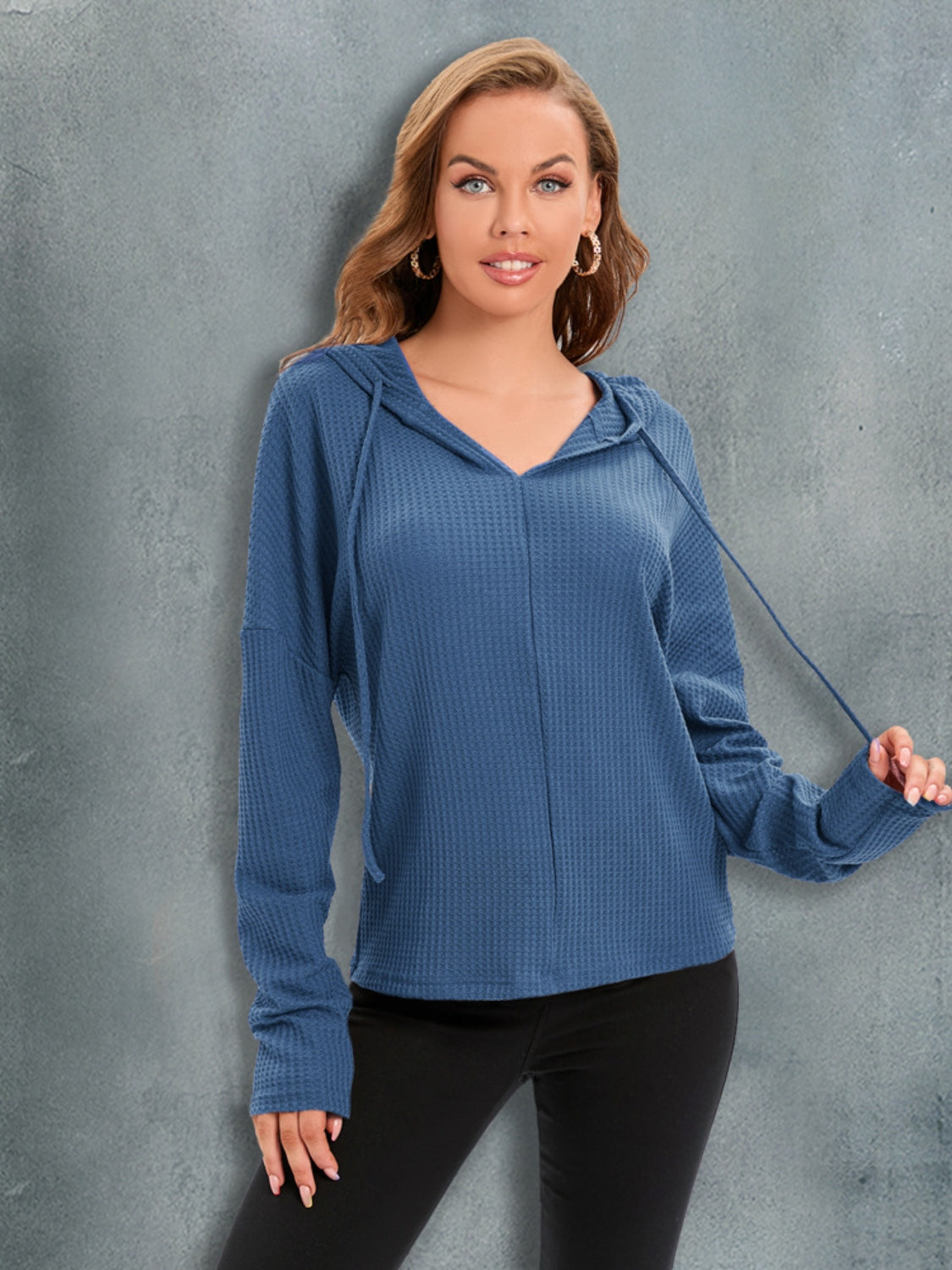 Waffle-Knit Drawstring Drop Shoulder Hoodie Dusty Blue