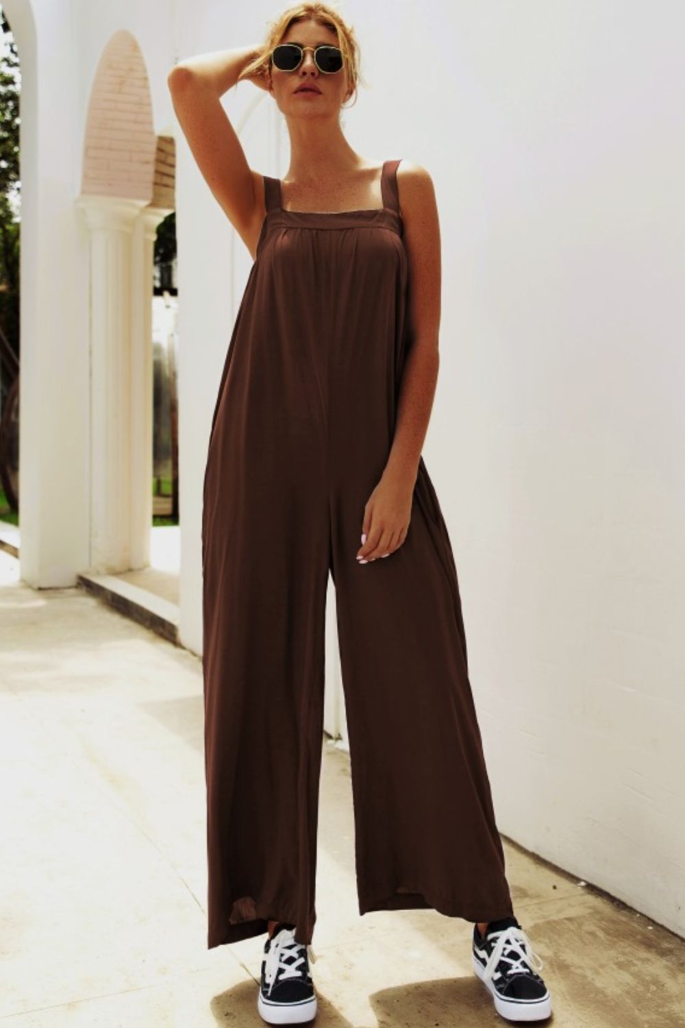Wide Strap Wide Leg Jumpsuit Chocolate