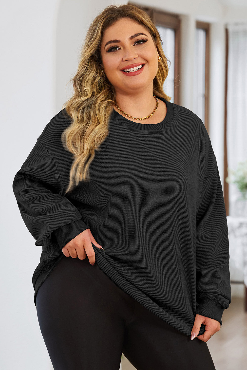 Plus Size Round Neck Dropped Shoulder Sweatshirt Black