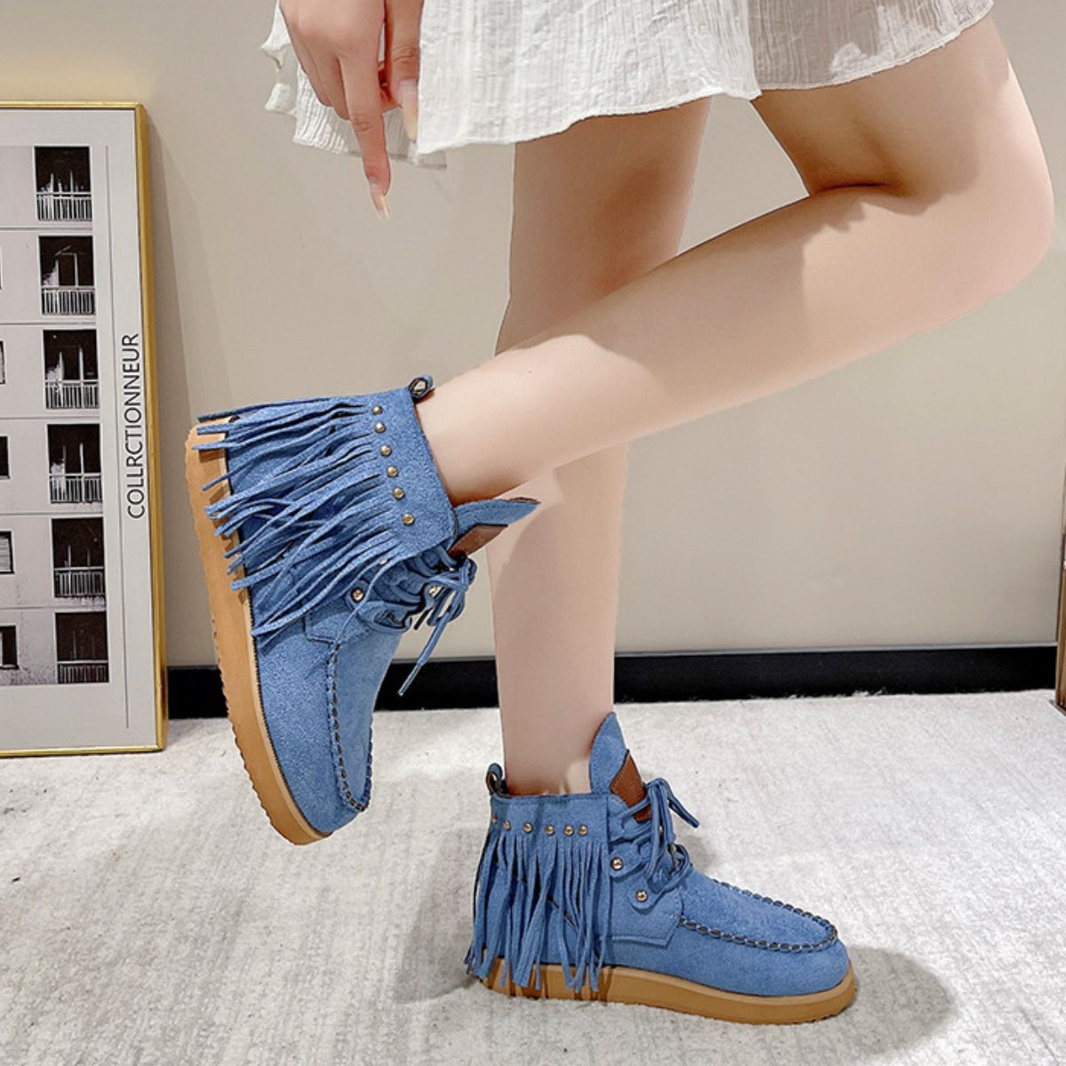 Fringe Studded Round Toe Canvas Boots Blue