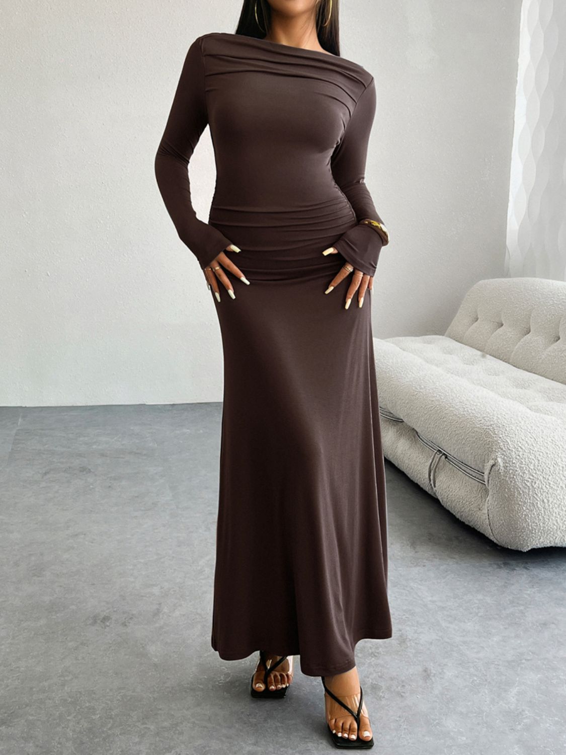 Devine Ruched Long Sleeve Maxi Dress Coffee Brown