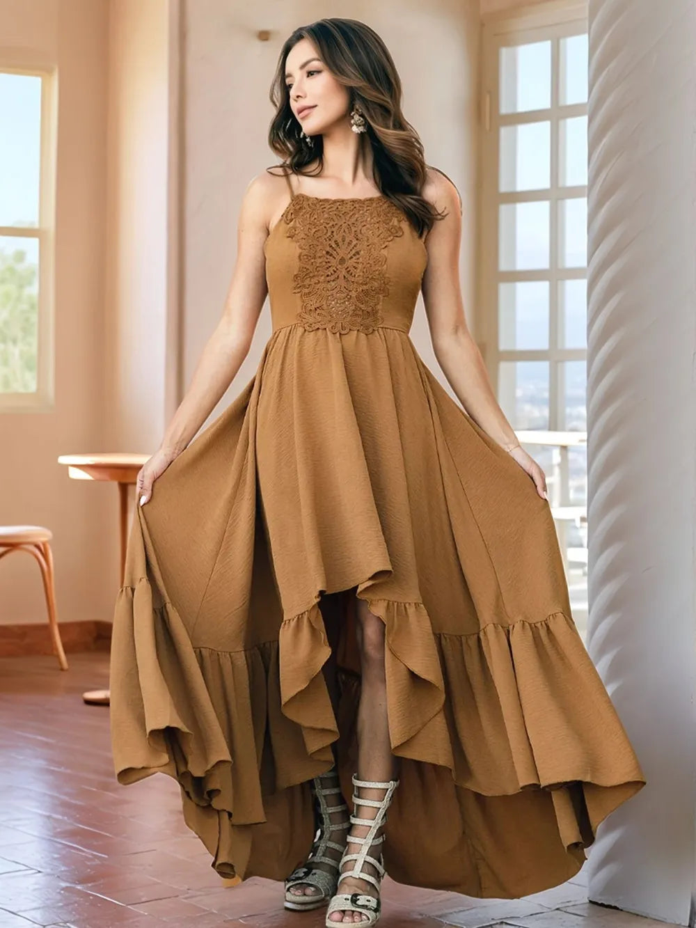 Ruffled Hem Lace Front High-Low Cami Dress Camel