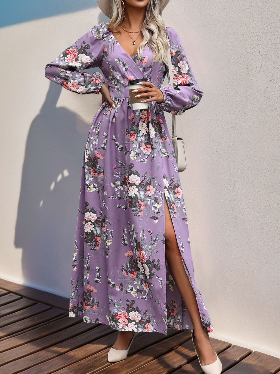 Perfee Slit Printed Surplice Long Sleeve Maxi Dress Lavender