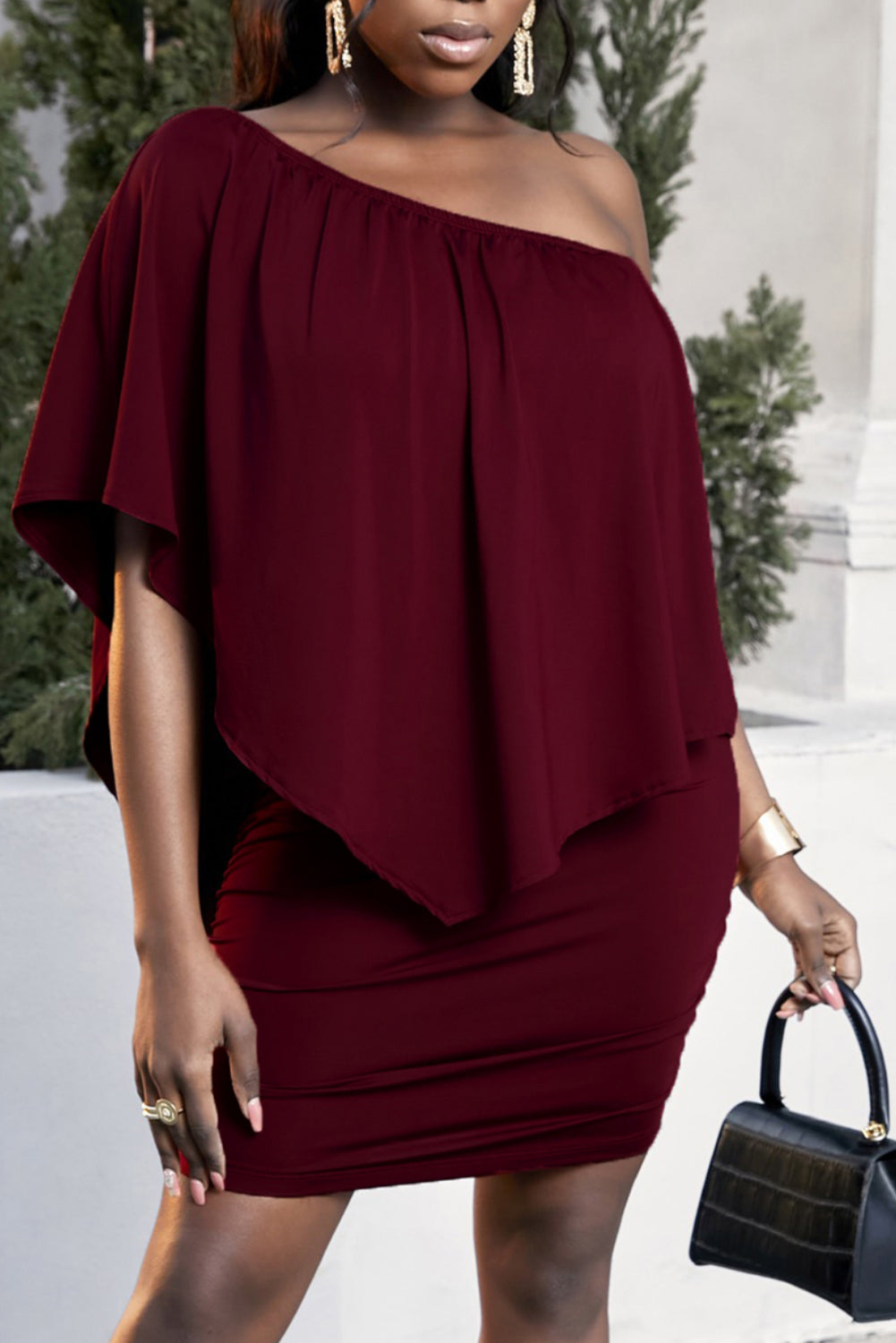 Plus Size One-Shoulder Half Sleeve Mini Dress Burgundy