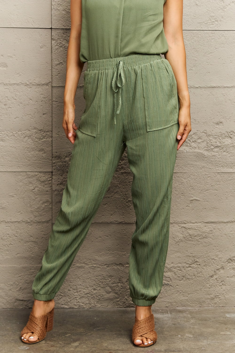 Perfee Tie Waist Long Pants with Pocket Matcha Green