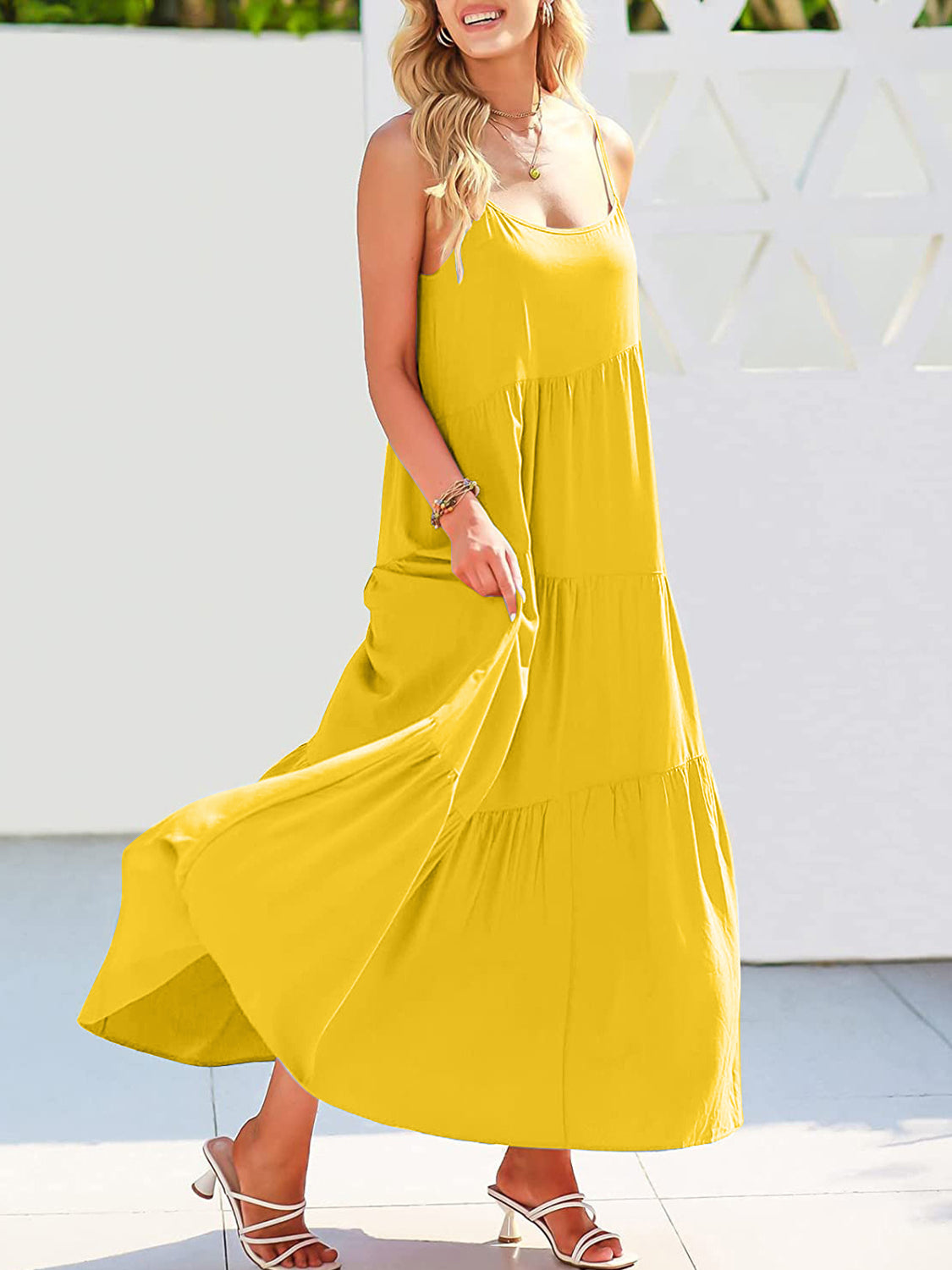 Full Size Ruched Tiered Spaghetti Strap Dress Yellow