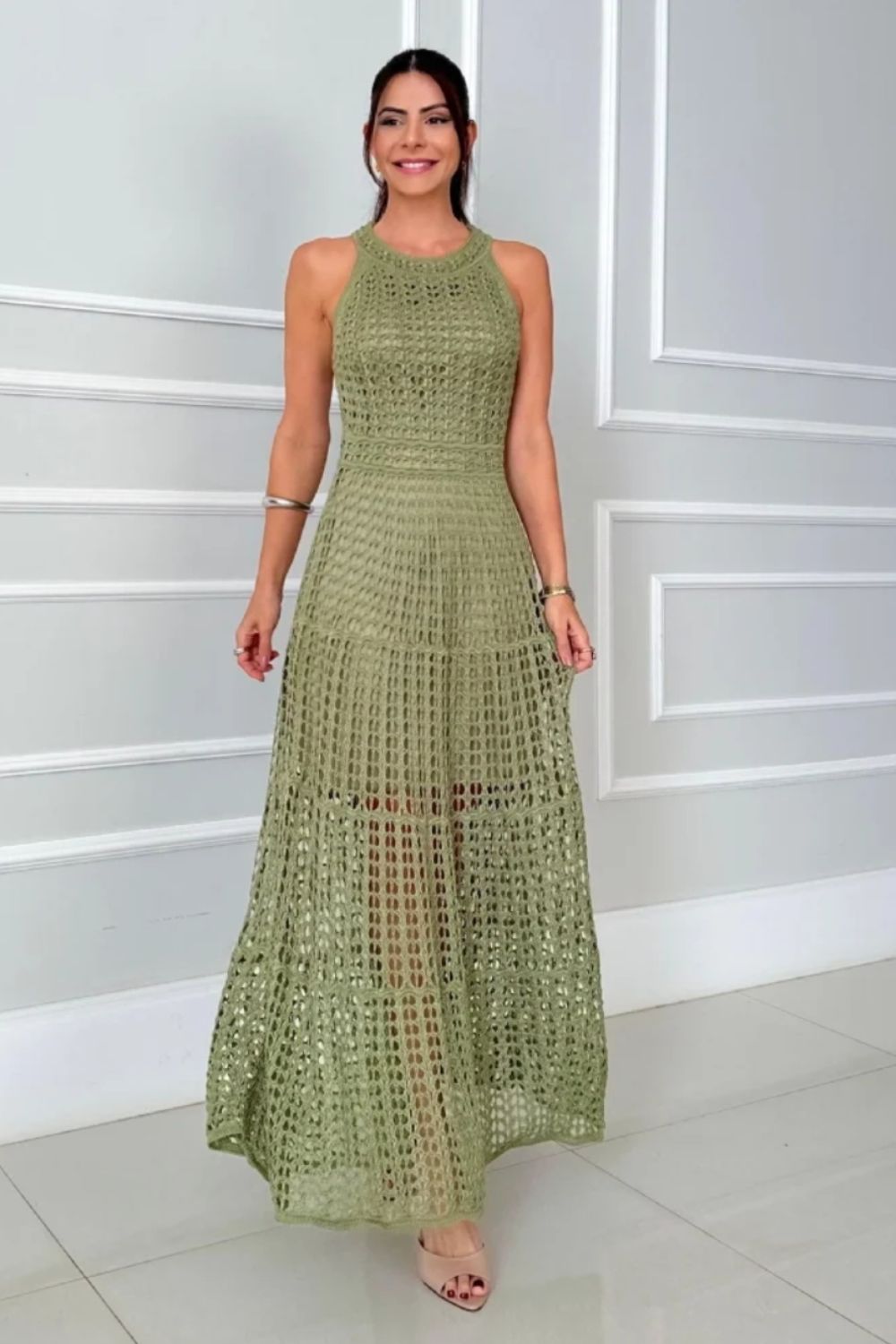Hollowed-Out Sleeveless Maxi Dress Matcha Green