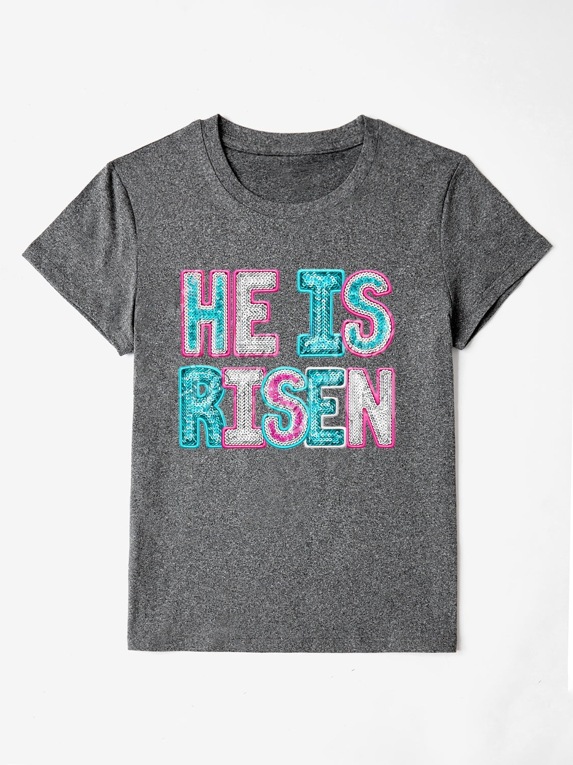 HE IS RISEN Sequin Round Neck T-Shirt Dark Gray