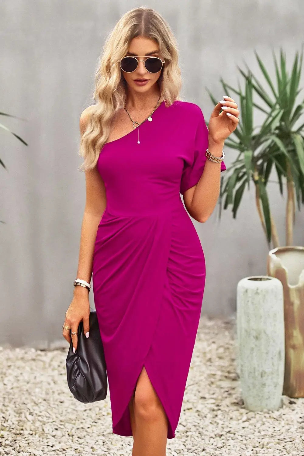 Devine Ruched One-Shoulder Tulip Hem Dress Deep Rose