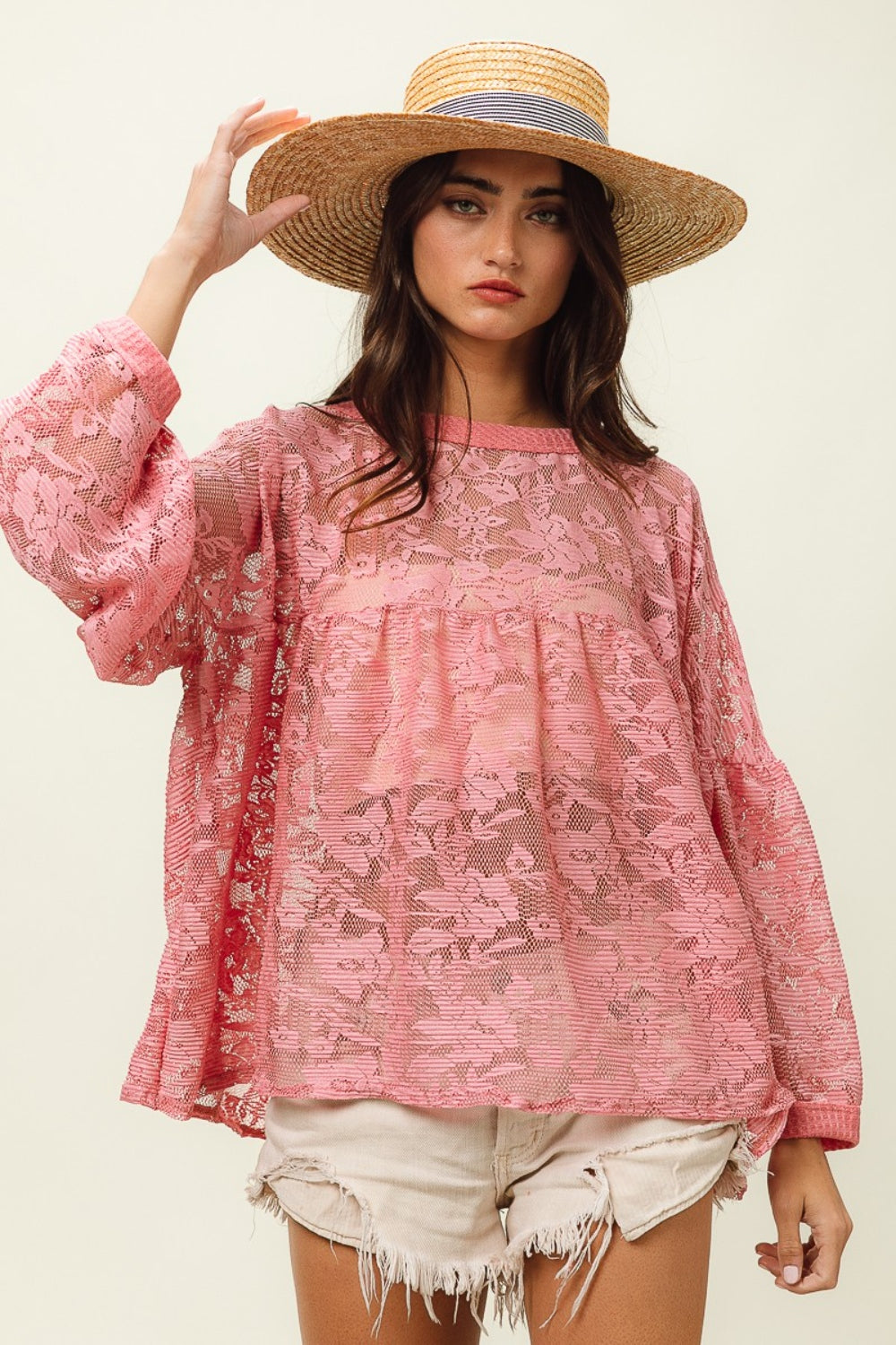 BiBi Floral Lace Long Sleeve Top Mauve