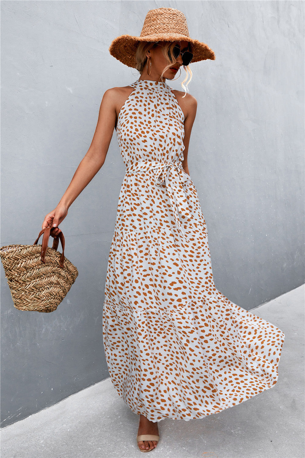 Printed Sleeveless Tie Waist Maxi Dress Beige