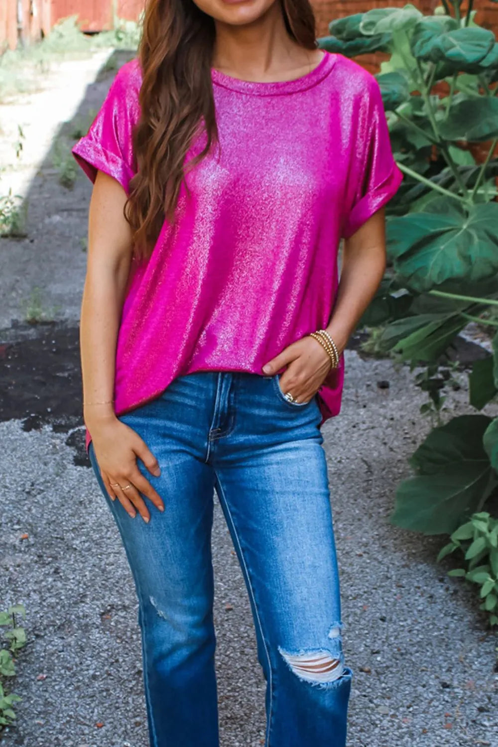 Round Neck Short Sleeve Casual Blouse