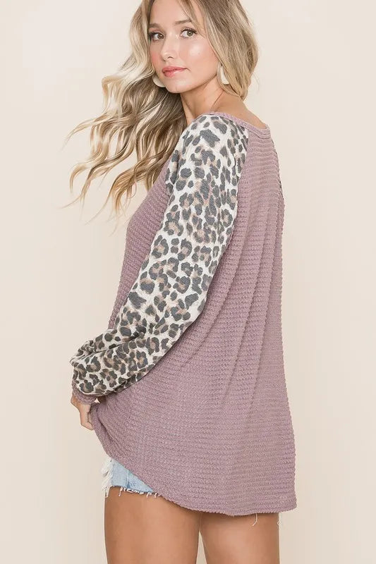 BiBi Popcorn Waffle Leopard Long Sleeve Knit Top