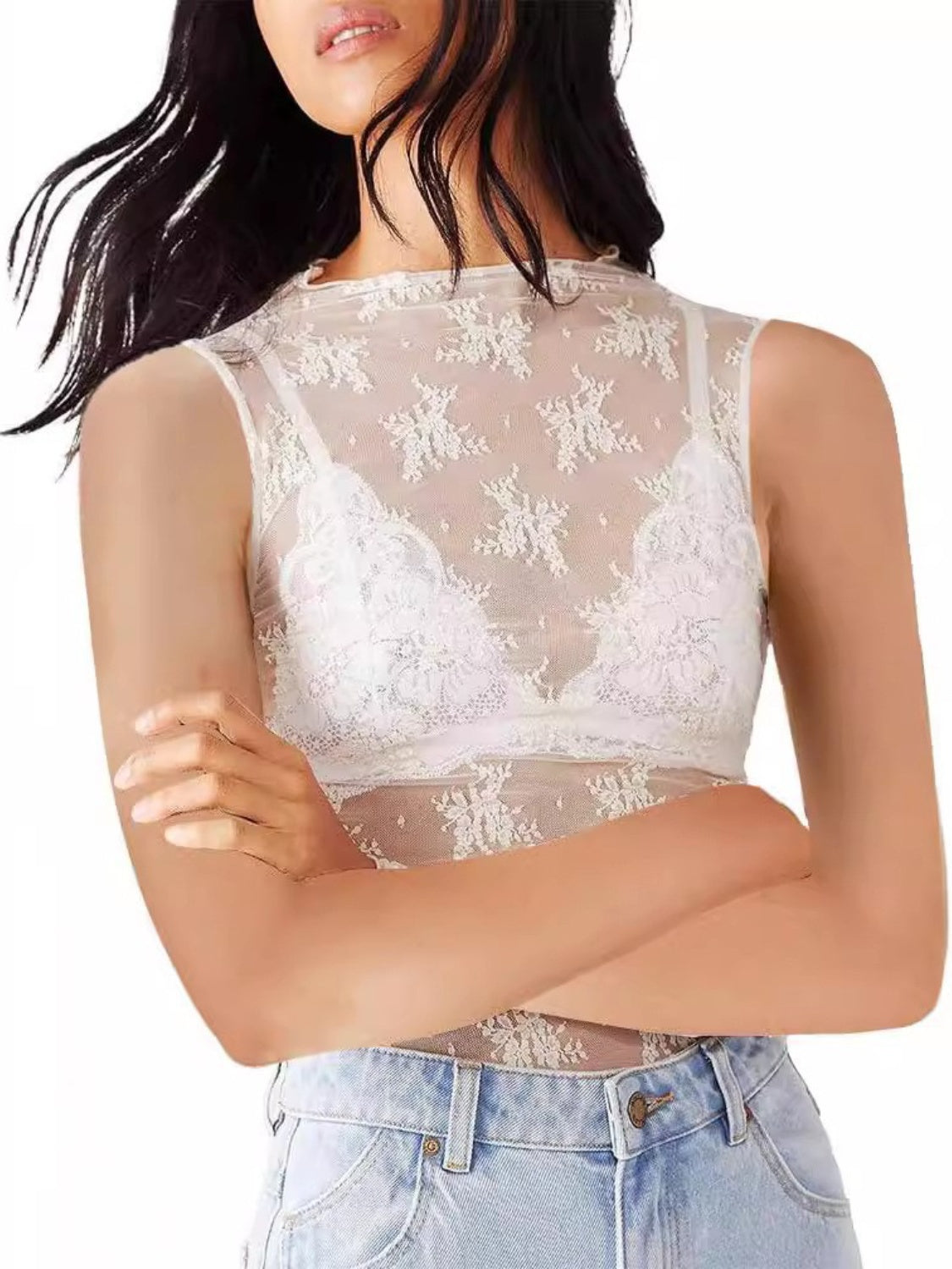 Lace Mock Neck Top White
