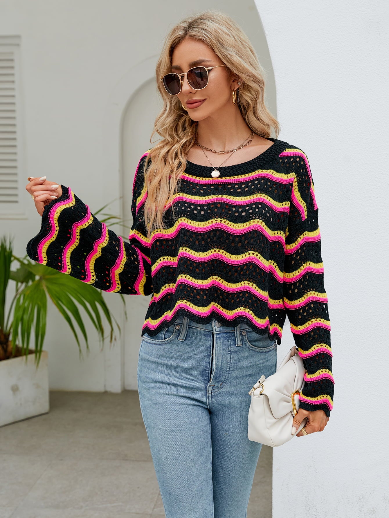 Round Neck Openwork Flare Sleeve Knit Top Black