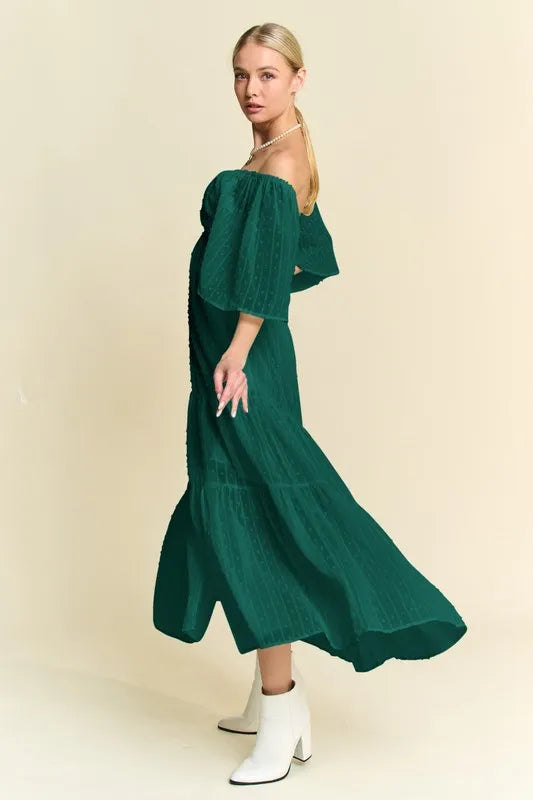 Davi & Dani Swiss Dotted Ruched Ruffle Open Back Midi Dress