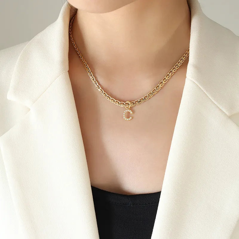 Brass Inlaid Zircon Letter Pendant Necklace Style C One Size