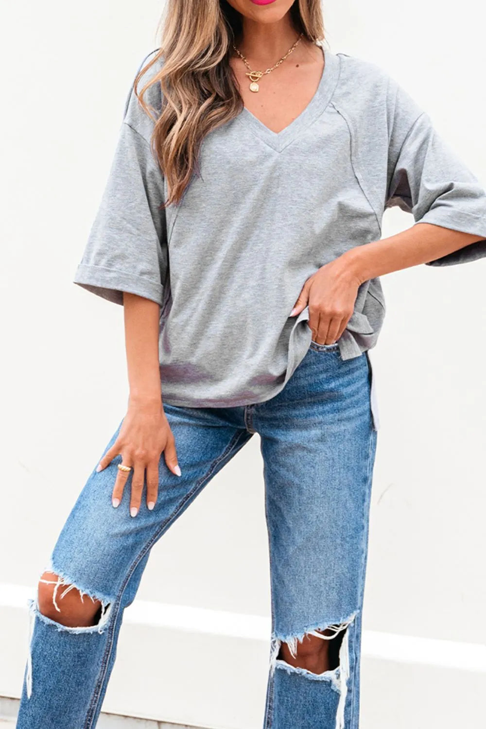 High Raglan Half Sleeve V Neck Oversized T Shirt