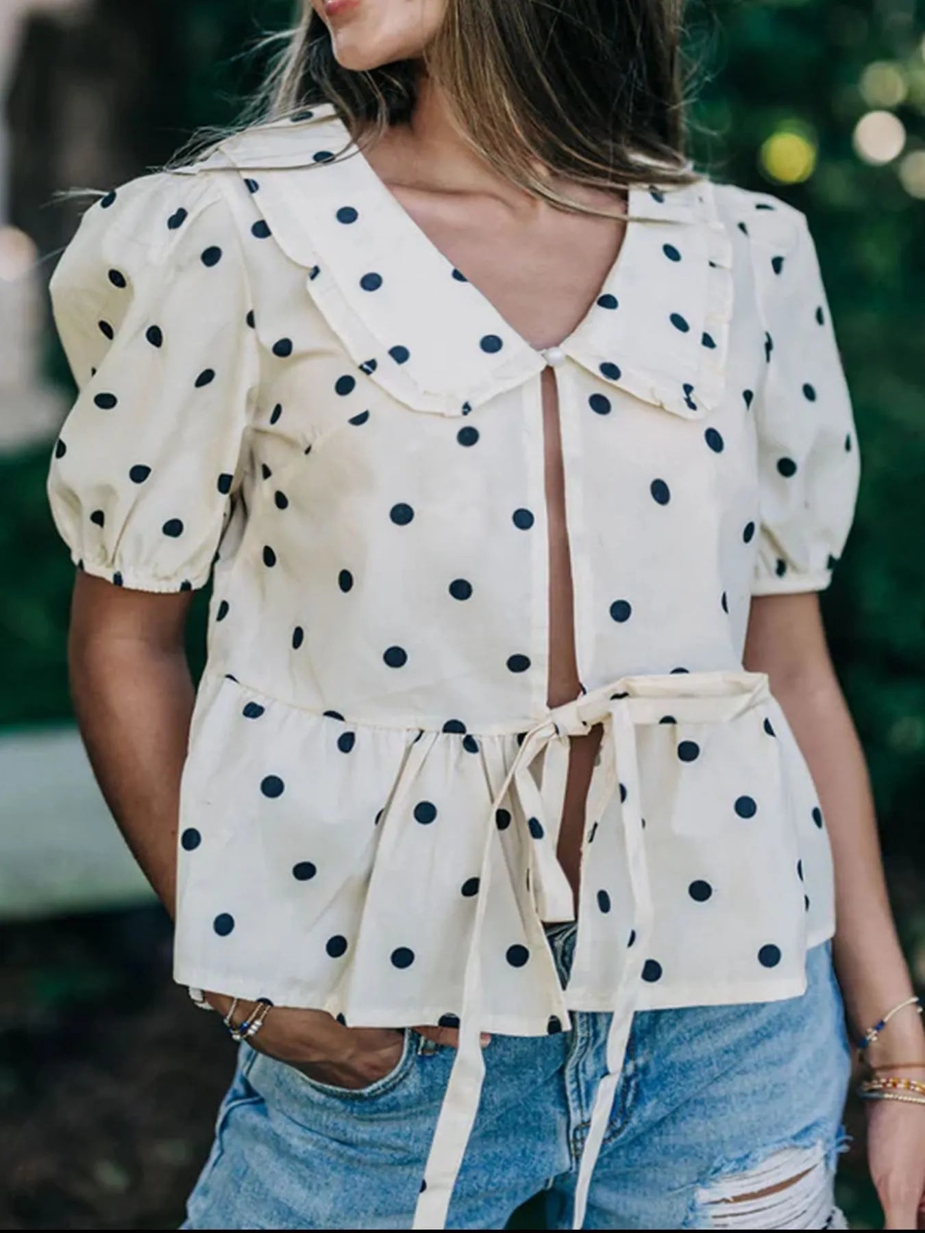 Polka Dot Collared Puff Sleeve Peplum Top