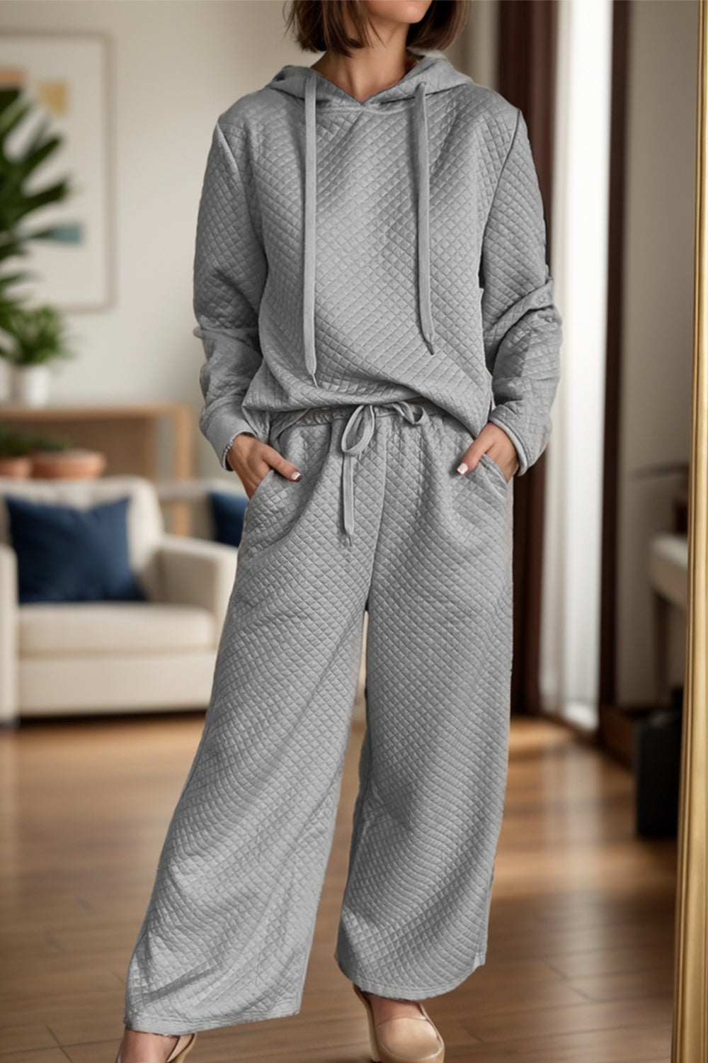 Drawstring Long Sleeve Hooded Top and Pants Set Gray