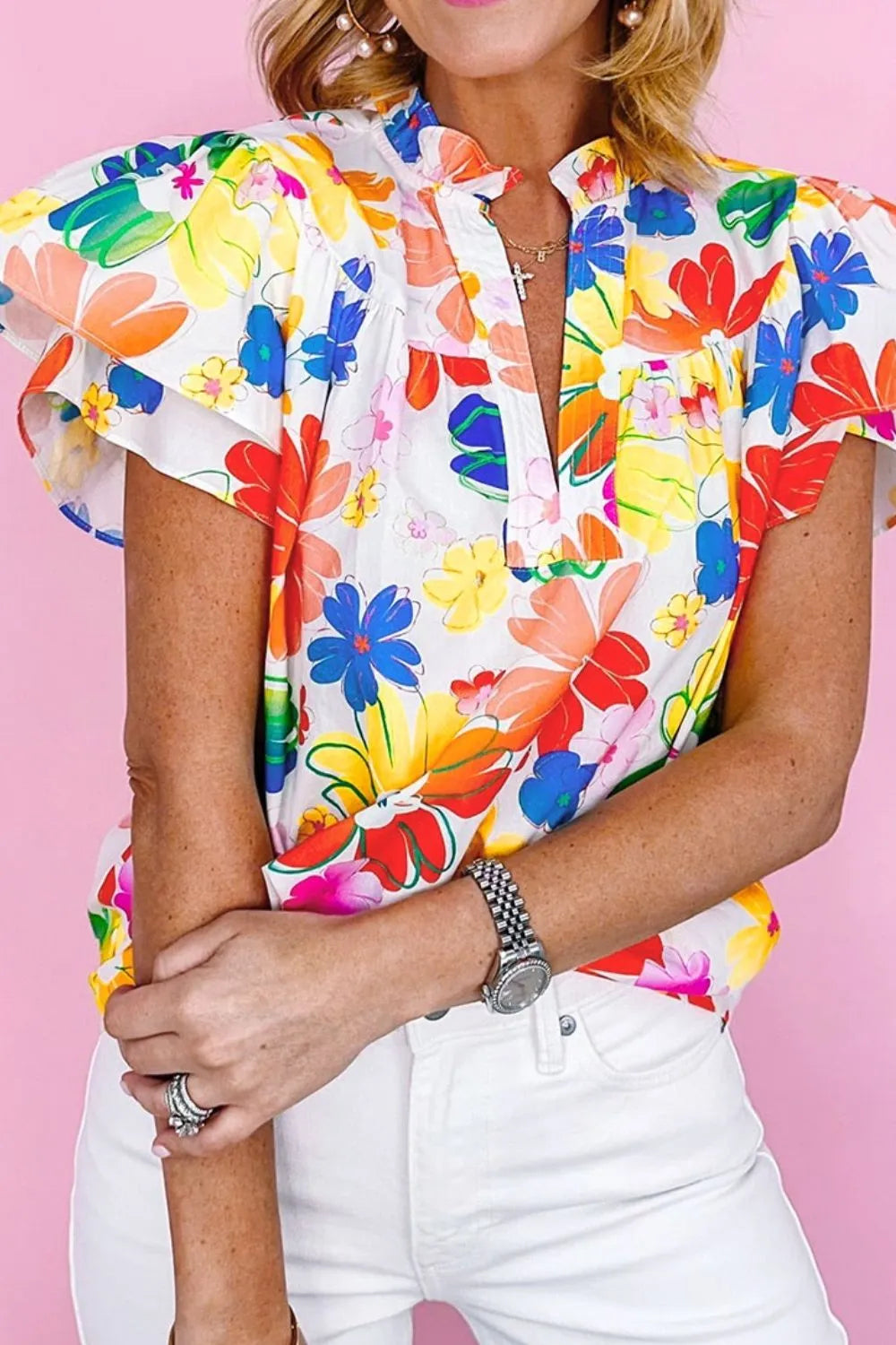 Ruffled Printed Notched Cap Sleeve Blouse