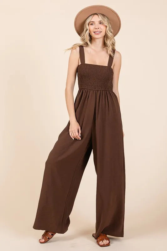 Mittoshop Smocked Wide Strap Wide Leg Overalls