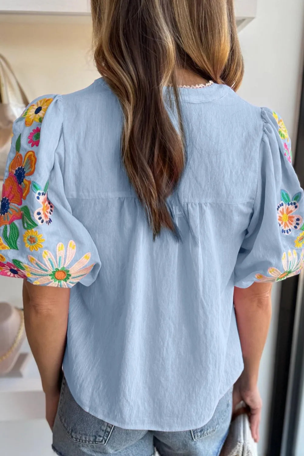 Embroidered Tie Neck Short Sleeve Blouse