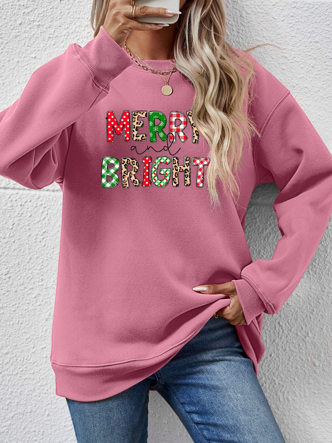 MERRY AND BRIGHT Round Neck Sweatshirt Pink Purple