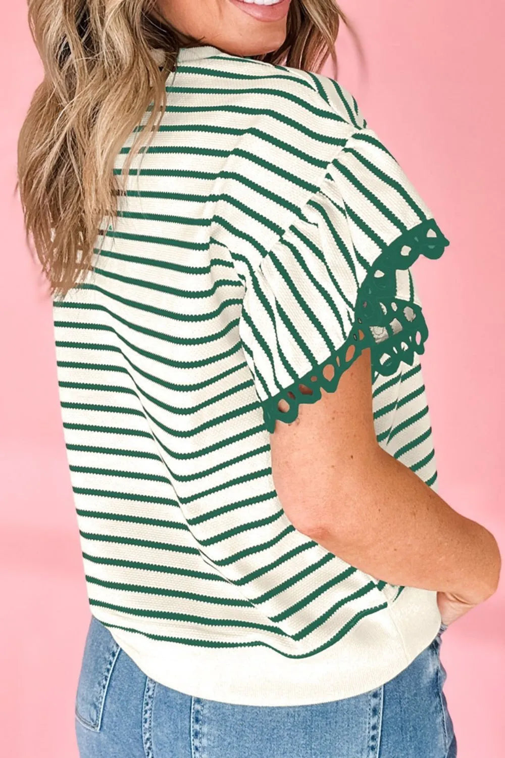 Striped Round Neck Ruffle Sleeve Blouse